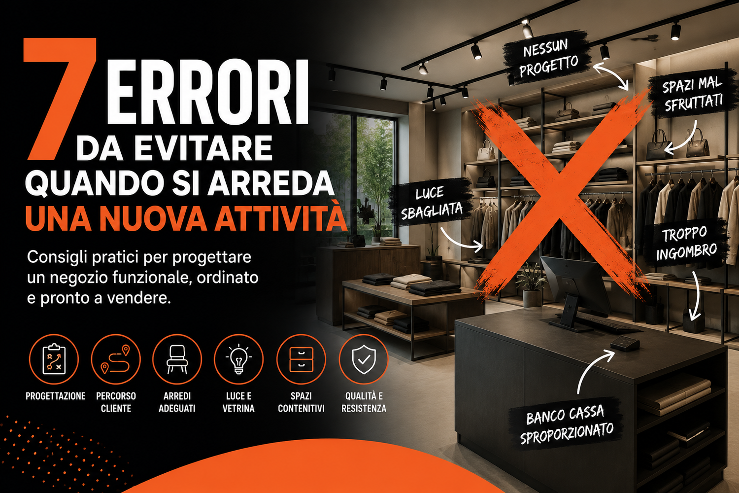 Scopri i 7 errori più comuni nell’arredamento di un negozio: progettazione, percorso cliente, illuminazione, banco cassa e qualità degli arredi.