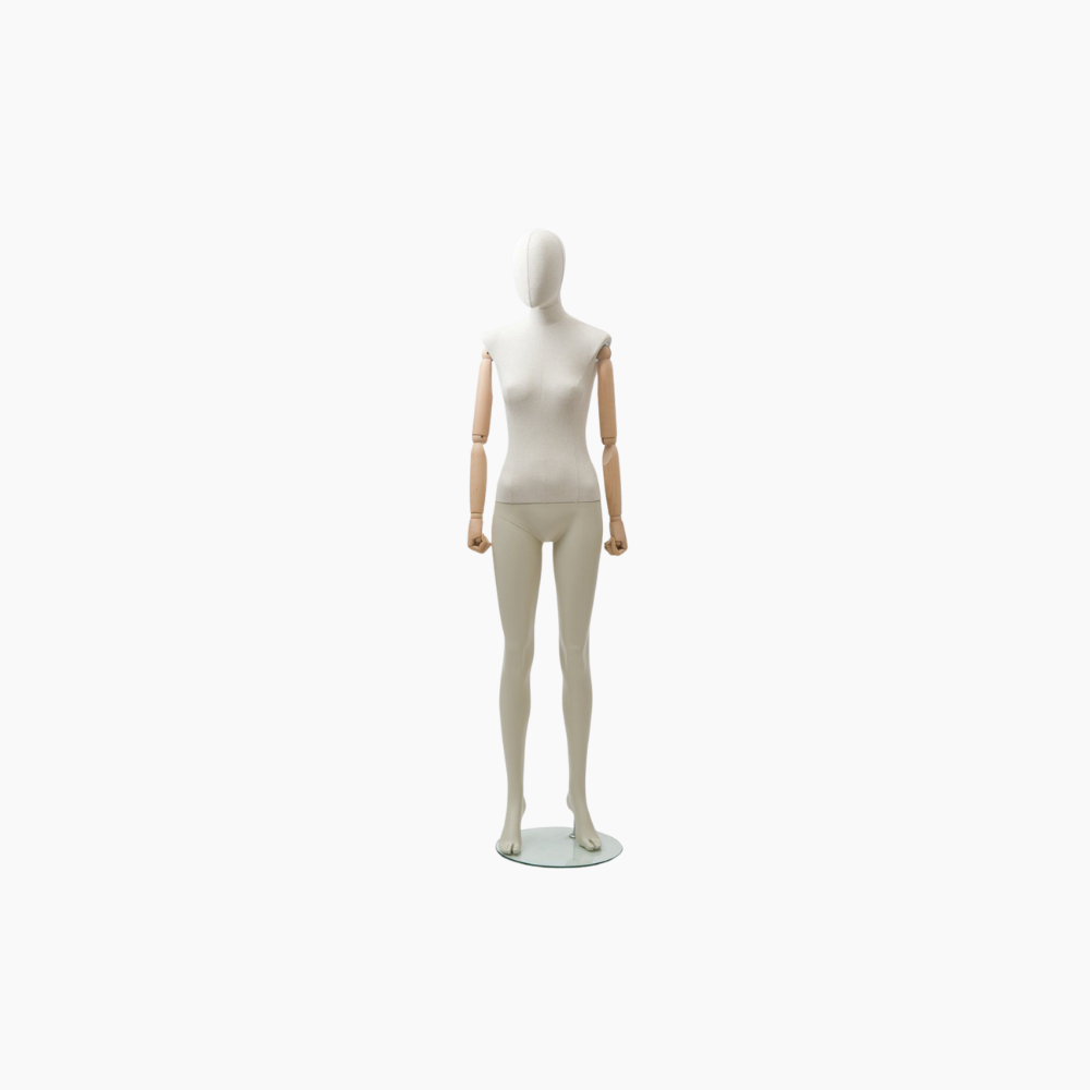 Manichino Donna Sartoriale Lino con Testa e Braccia in Legno Ivoryaf3