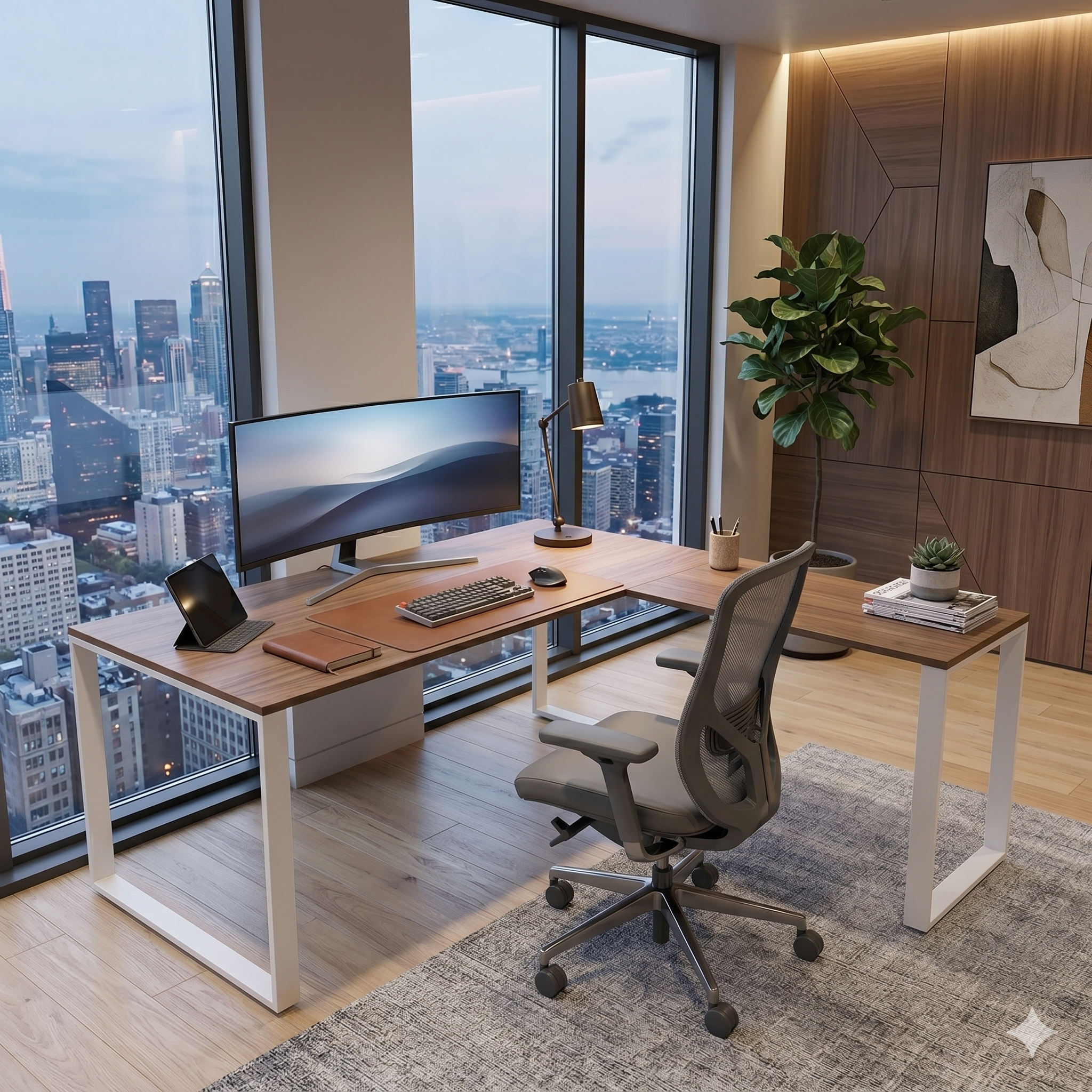 Escritorio con extensión cm200X180 Tapa nogal pata blanca