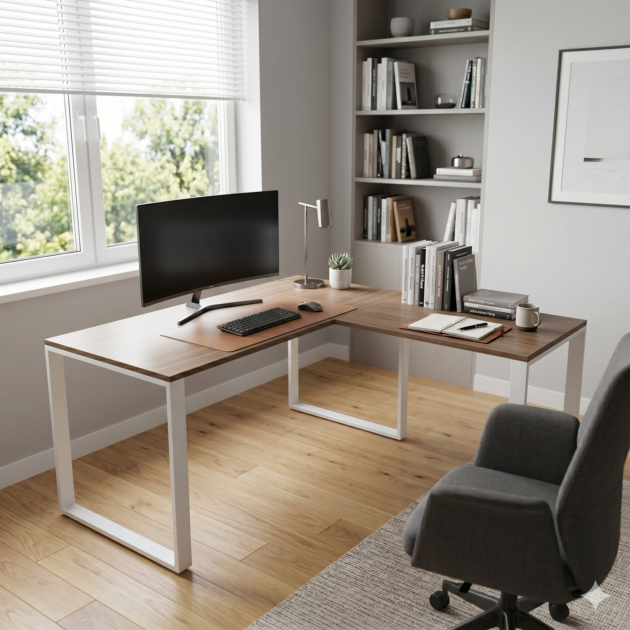 Escritorio con extensión cm180X180 Tapa nogal pata blanca