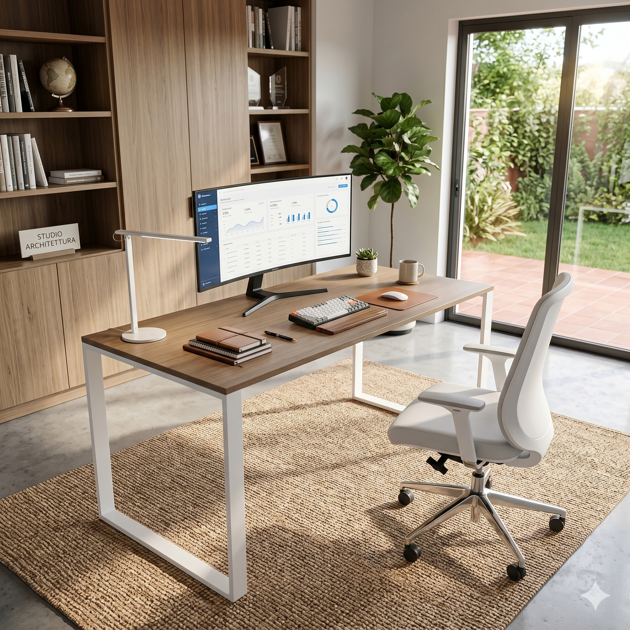 Desk cm200x80 Walnut top white ring leg